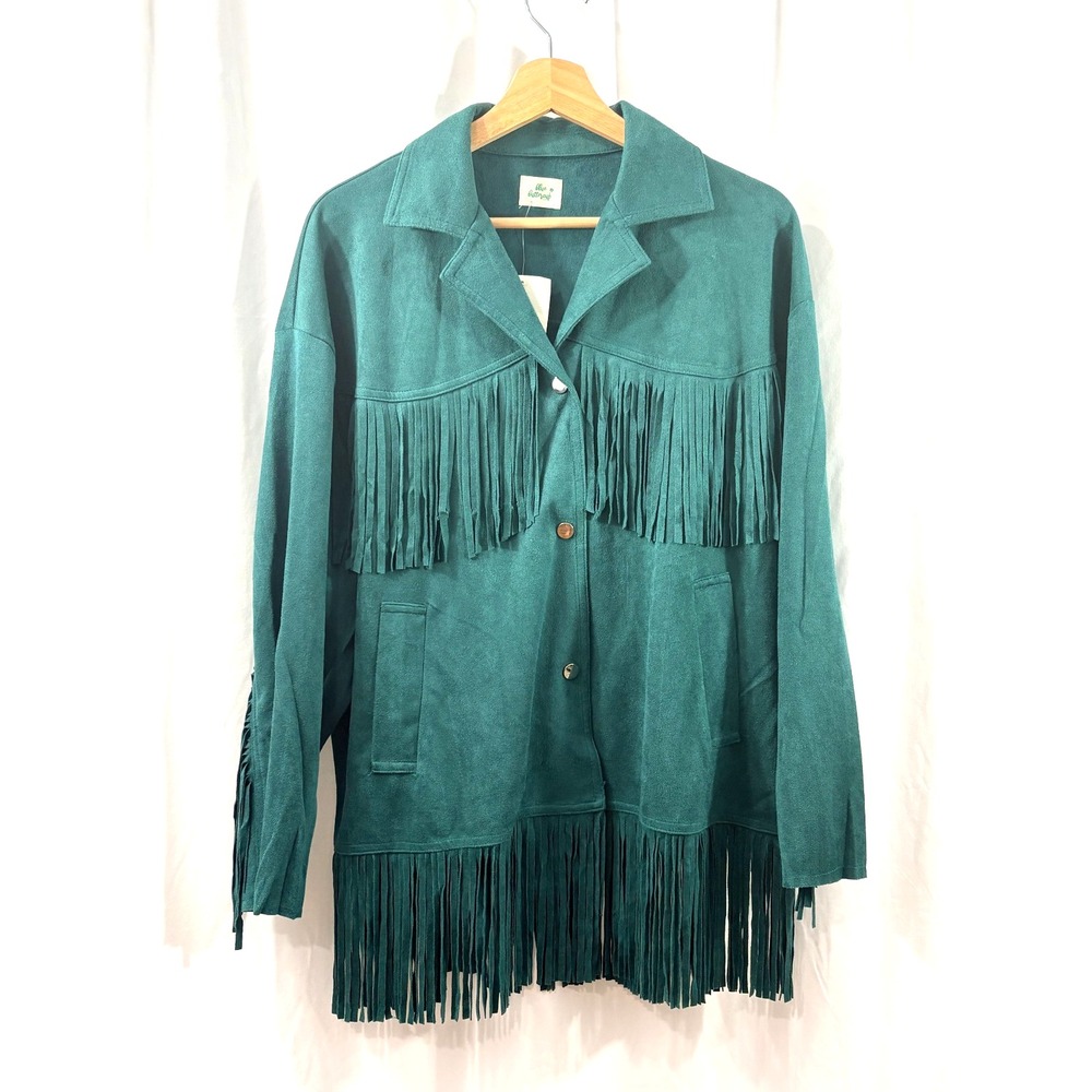 Blue Buttercup Dark Green Faux Suede Fringe Boho Western Jacket-Size S